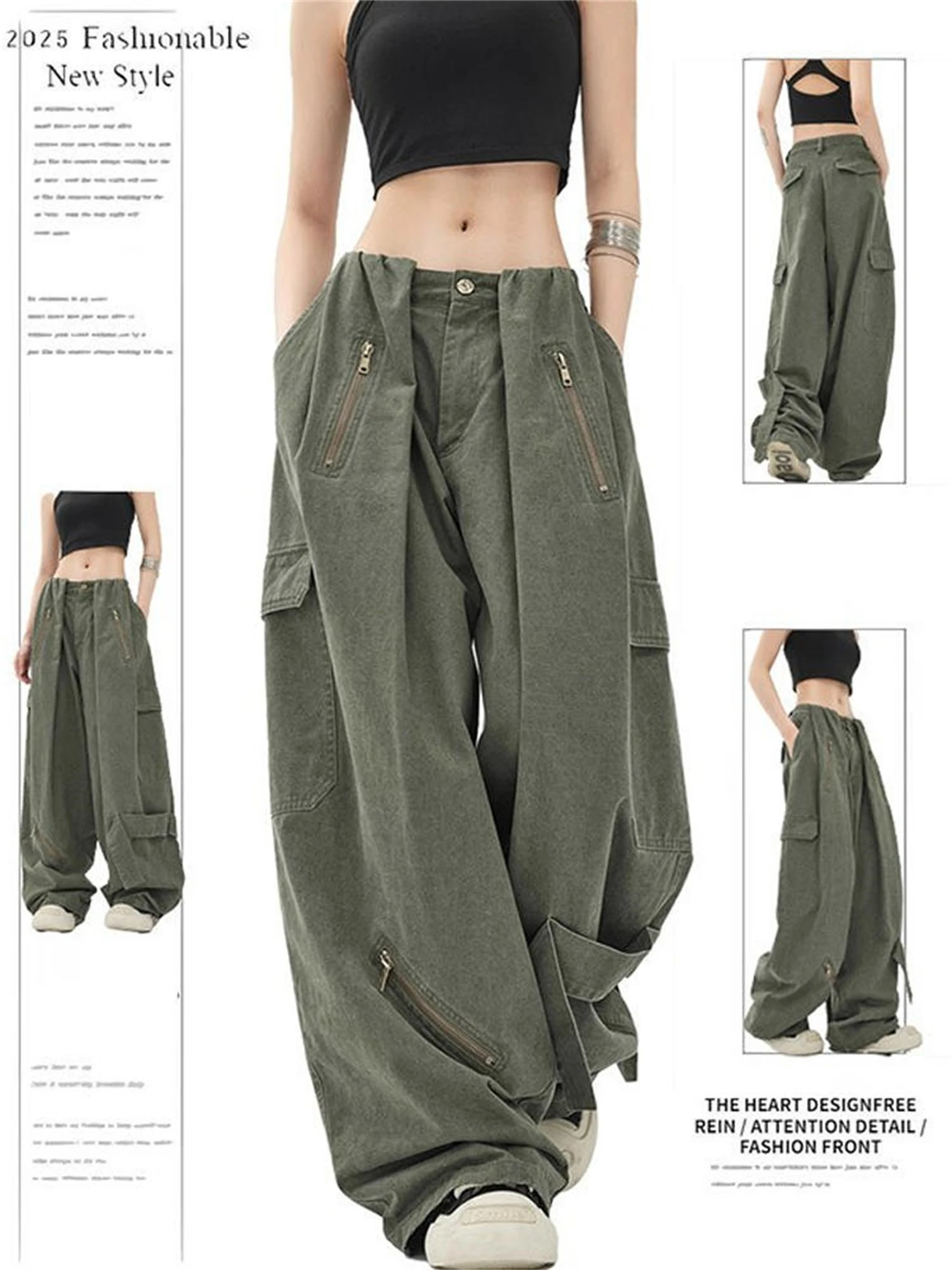 

Y2K Women's Olive Green Cargo Pants New Fashion Multiple Zipper Pockets Oversized Wide Leg Loose Casual Streetwear Trousers
