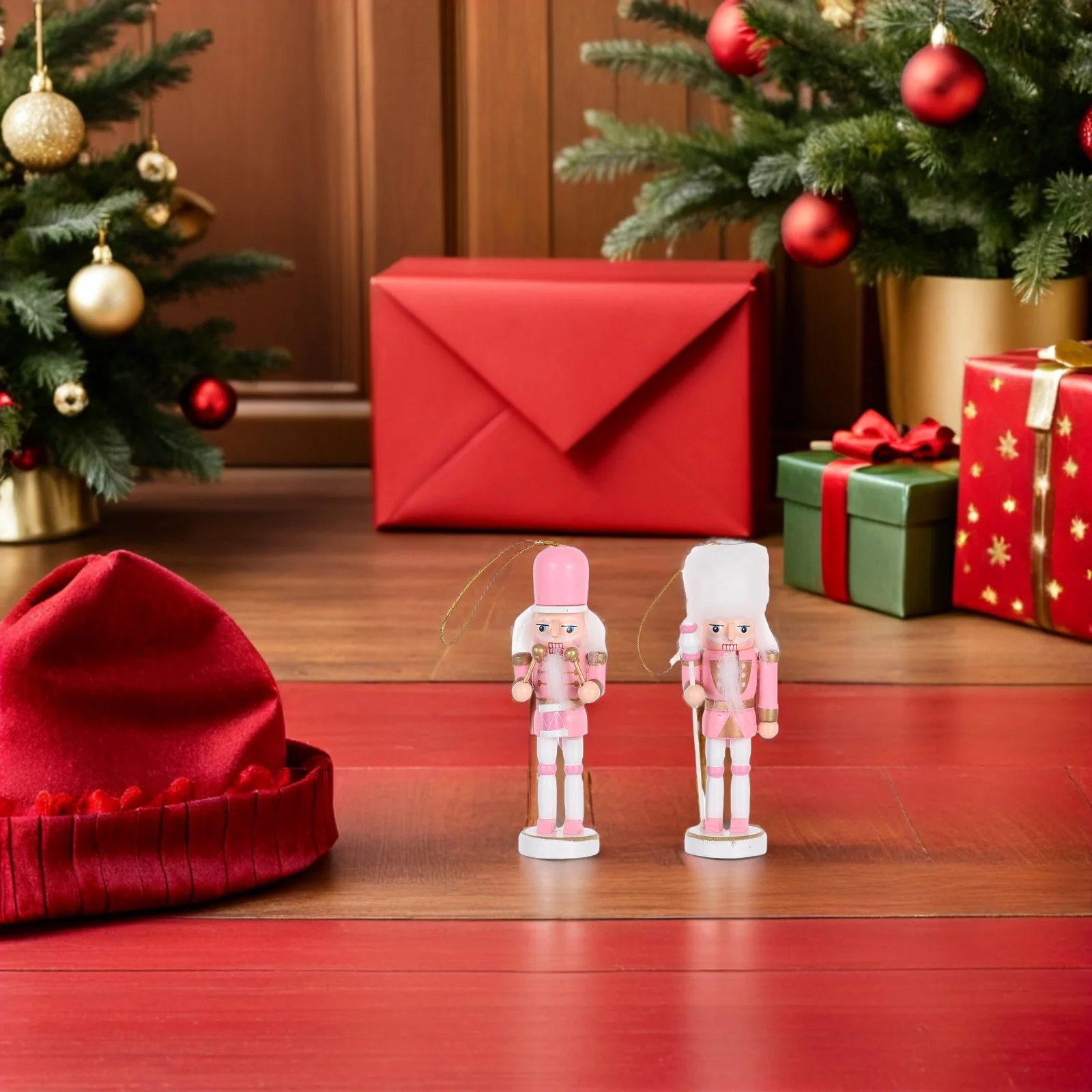 

4Pcs Nutcracker Soldier Statue 13Cm Wooden Pink - Festive Christmas Table Decor for Home Office Fireplace Mantel Display Xmas