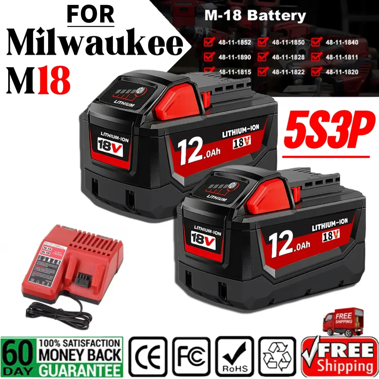 100%Original Milwaukee M18 12.0Ah High-capacity Lithium Battery 48-11-1860 48-11-1850 48-11-1840 48-11-1820 Rechargeable Battery