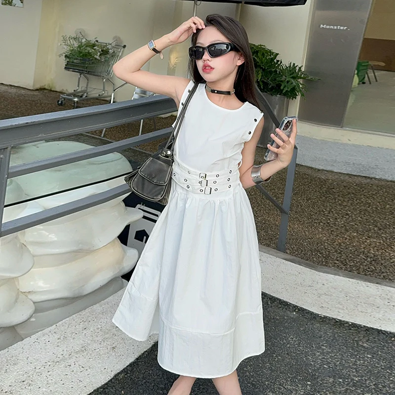 french design summer white black teen girls dress double belt Fashion Vest Princess Dresses teen kids Sleeveless one piece skirt