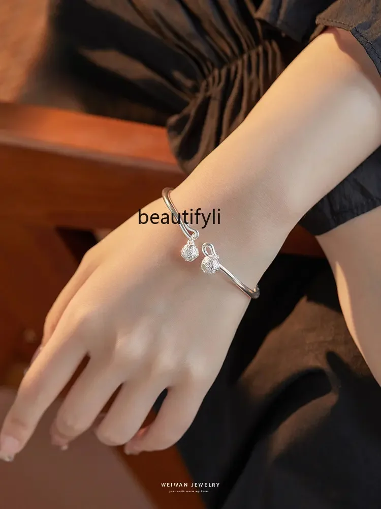 yj S999 Pure Silver Solid Bell Open-Ended Bracelet Women's Bracelet Antique Birthday Gift