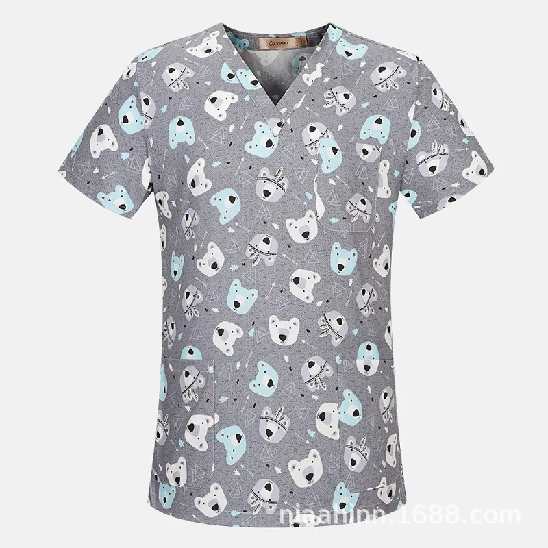 Print Scrubs Tops Uniformes Médicos Mulheres Slim Fit Tops Cirúrgicos Médicos Clínica Odontológica Salão De Beleza Pet Shop Workwear Casaco De Laboratório