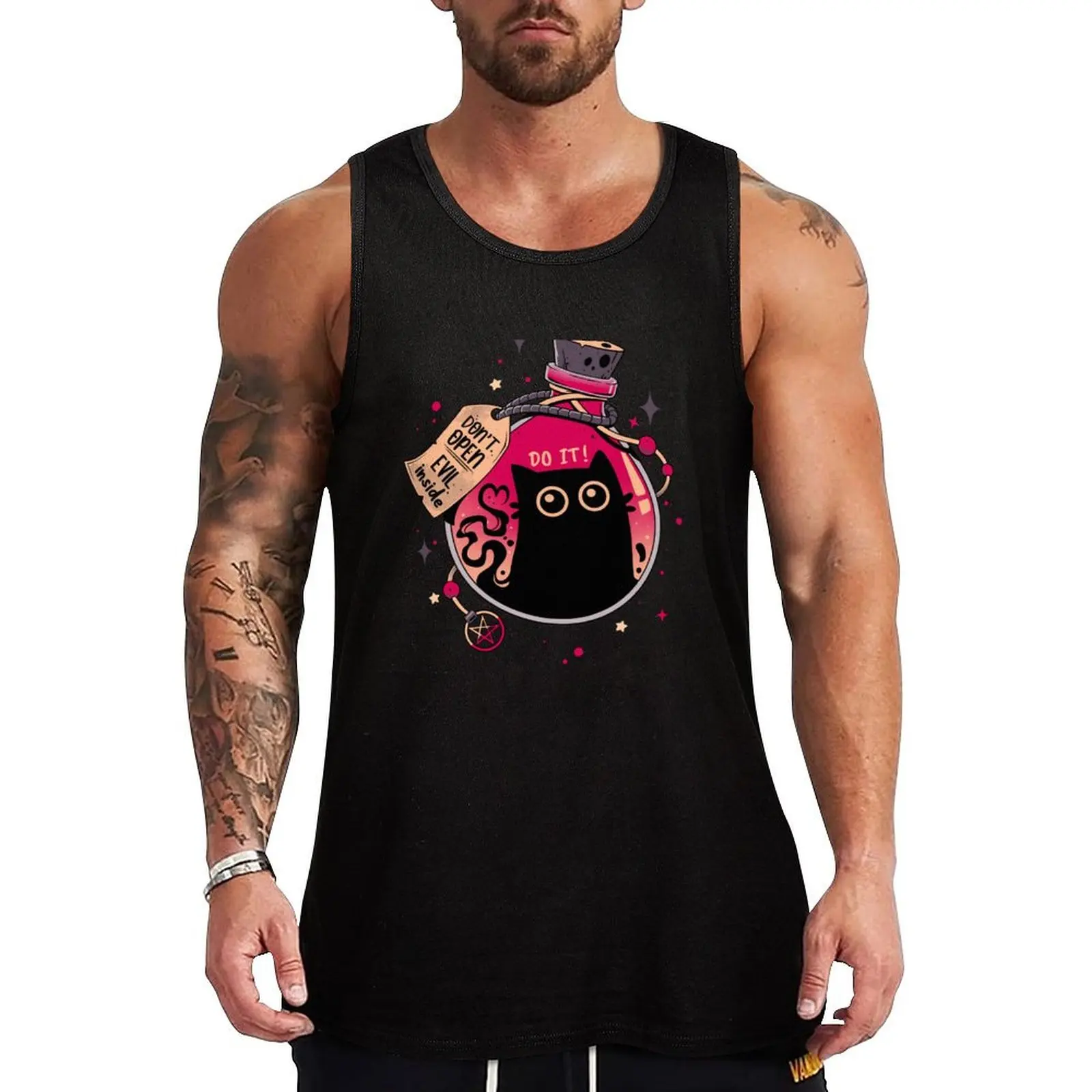 Camisola de alças engarrafada do gato preto masculino, roupa do Gym, tops e t-shirt, mal, novo