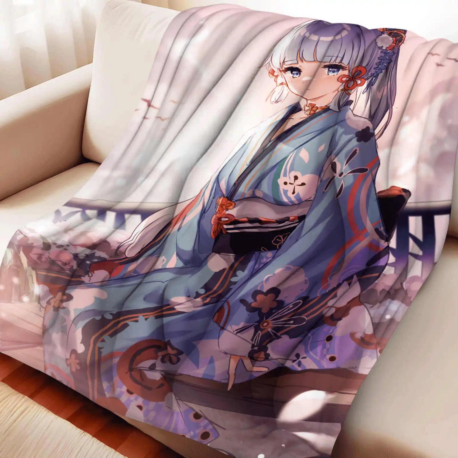 Genshin Impact Kamisato Ayaka  Flannel Nap Blanket Warmth Soft Air Conditioning Otaku Blanket Multifunctional Decor Blankets