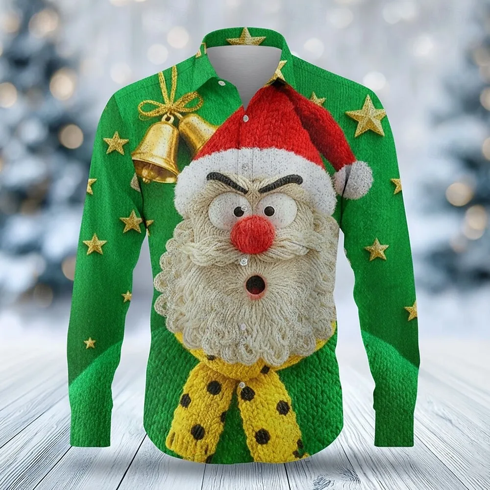 New Christmas men's pattern long sleeved fashionable Santa Claus cartoon 3D smiling face print design casual shirt