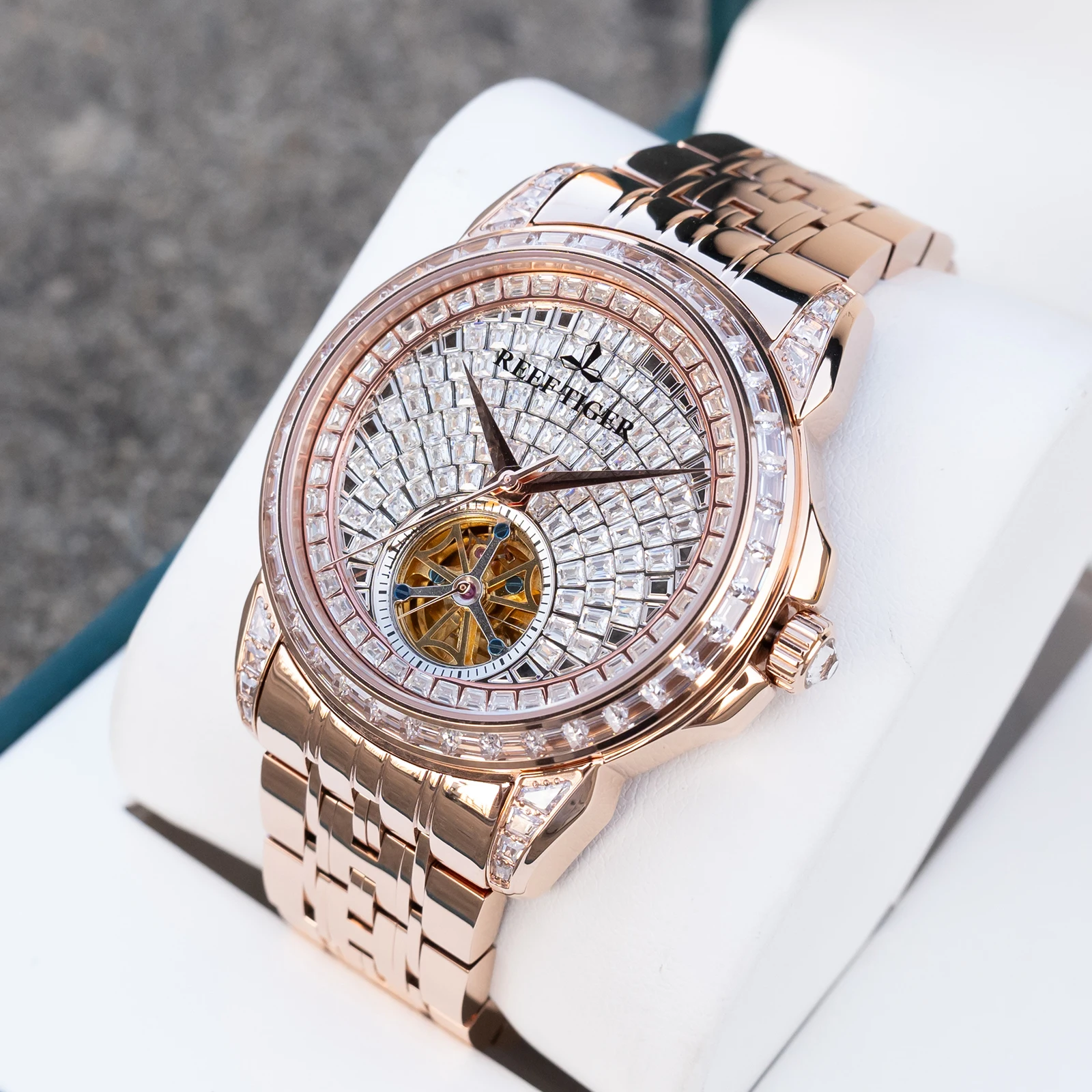 

Reef Tiger Men's Rose Gold Diamond Dial Automatic Watch Elegant Tourbillon Display Bracelet Wristwatch RGA1905
