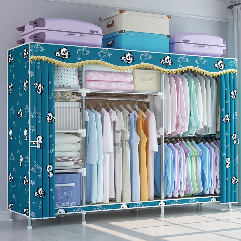 

Household bedroom cloth wardrobe steel pipe bold reinforcement rental housing storage hanging wardrobe strong and durable
