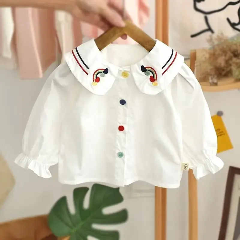 Girls\' Shirt Spring and Autumn 2023 New Polo Collar Pure Cotton Long Sleeve White Shirt Girls\' Children\'s Top Blouse for Girls