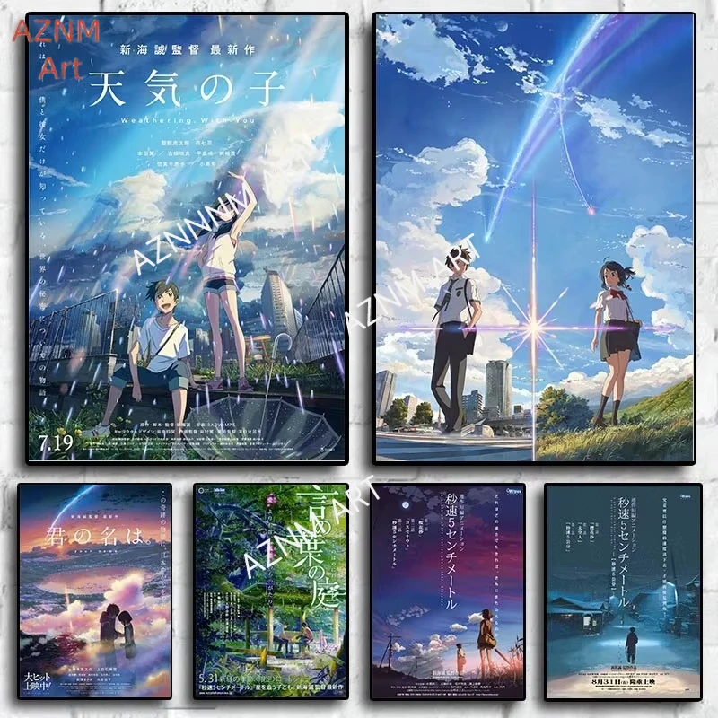 Makoto Shinkai Anime Poster Set Weathering With You Your Name She and Her Cat Retro Japanese Style Wall Decor for Home