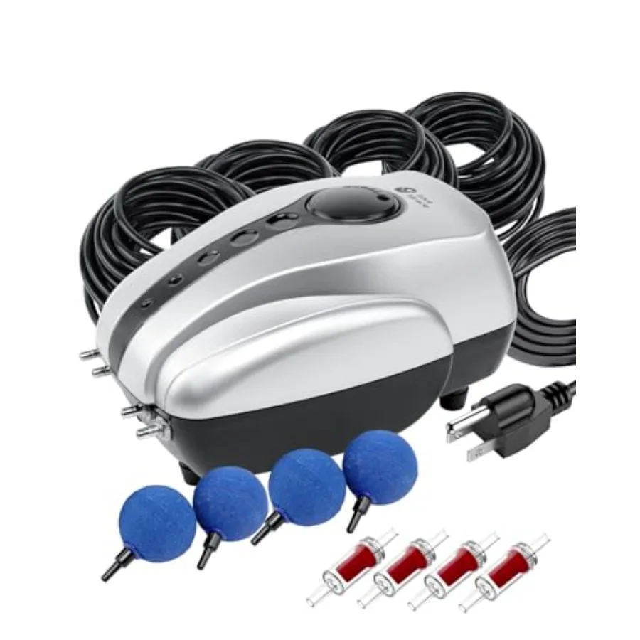 

All-in-One Koi Pond Aerator for Outdoor Ponds up to 2000 Gallons with 4-Outlet Airline Tubing and Air Stones in Black for Effic