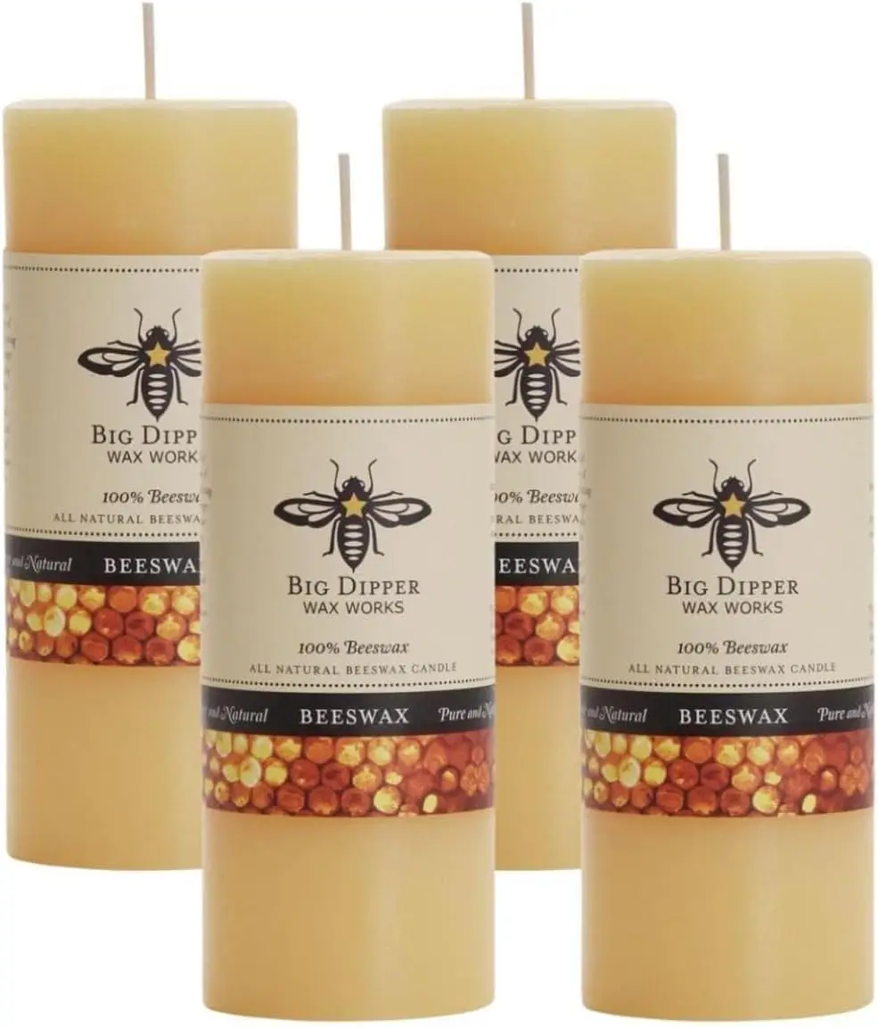 Velas de pilar de cera de abejas 100% pura, paquete de 4, hechas a mano en EE. UU., quemaduras de 40 horas, aroma a miel, mecha ecológica para decoración del hogar