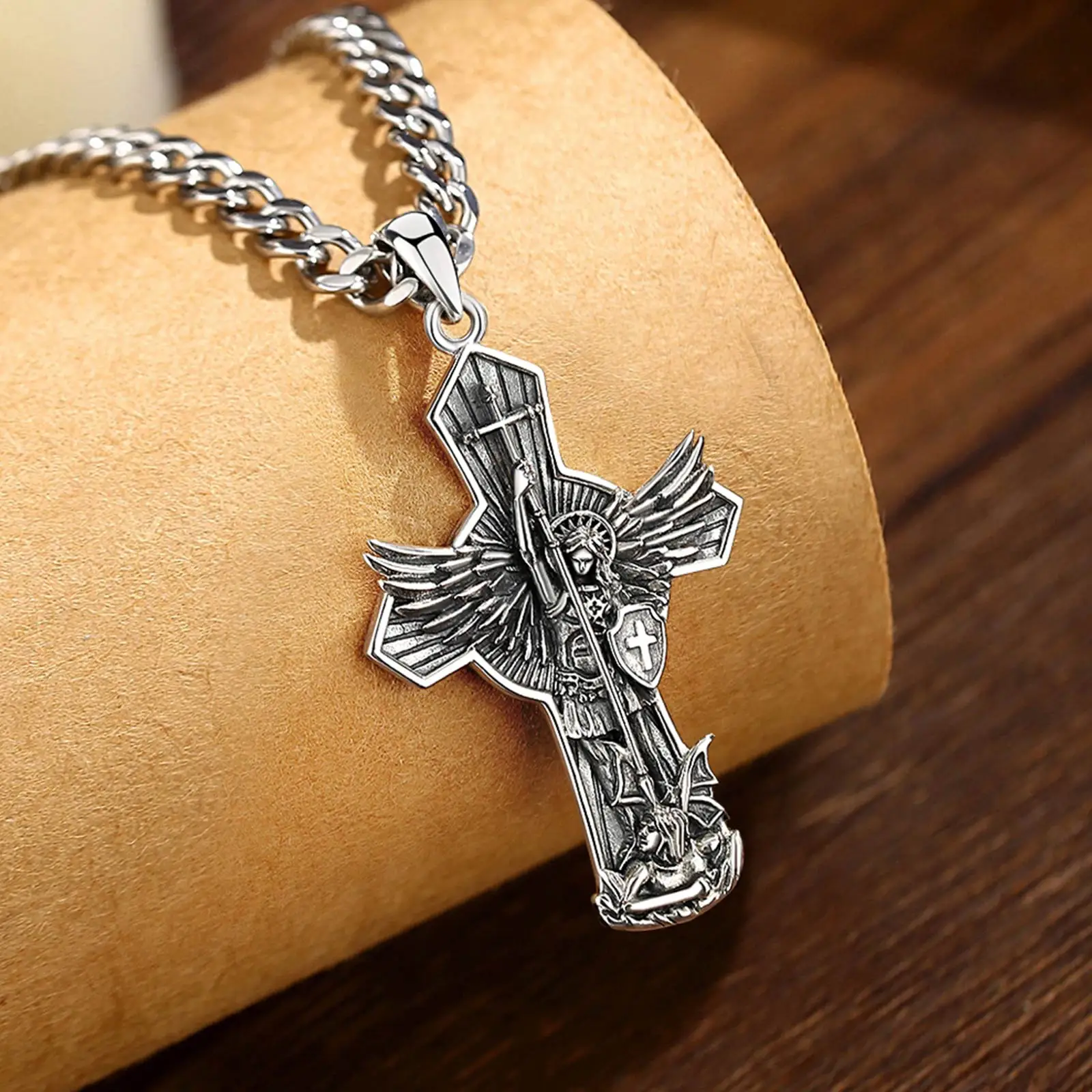 يودورا جديد 925 فضة سانت مايكل رئيس الملائكة قلادة للرجال النساء خمر الجناح الصليب قلادة مجوهرات الدينية هدية