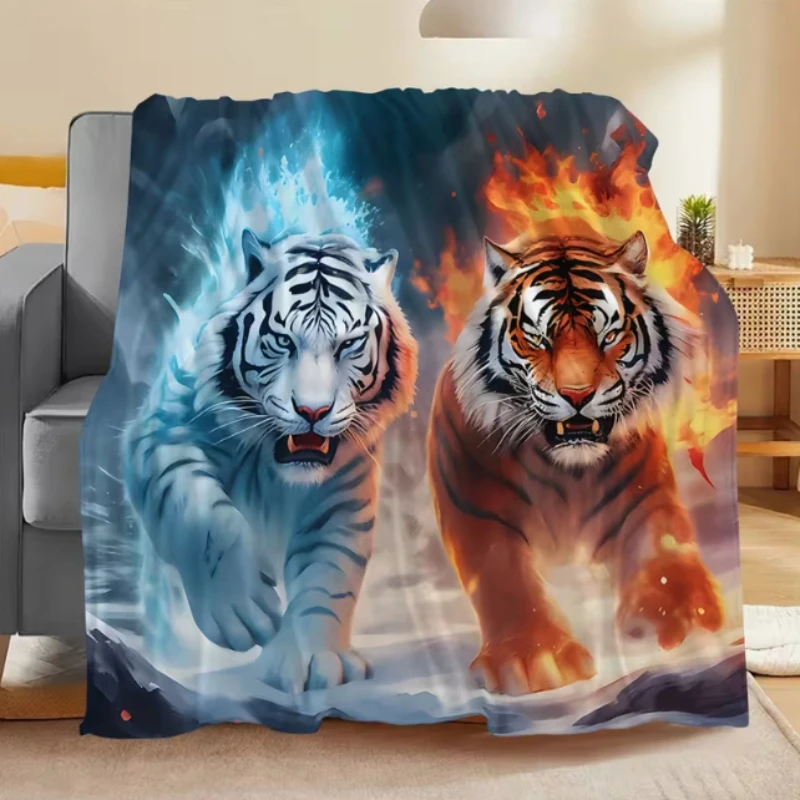Fantasy Ice And Fire Double Tiger Creative Painting Print Cozy Warm Blanket Boys Man Room Couch Unique Household Warm Ornament