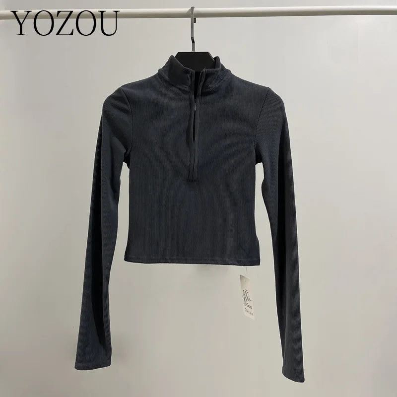 [YOZOU] Cotton Knitted White Black Gray Brown Ribbed Solid Long Sleeve Turtleneck Zip Up Neck Slim Tee Tshirt Crop Top Women