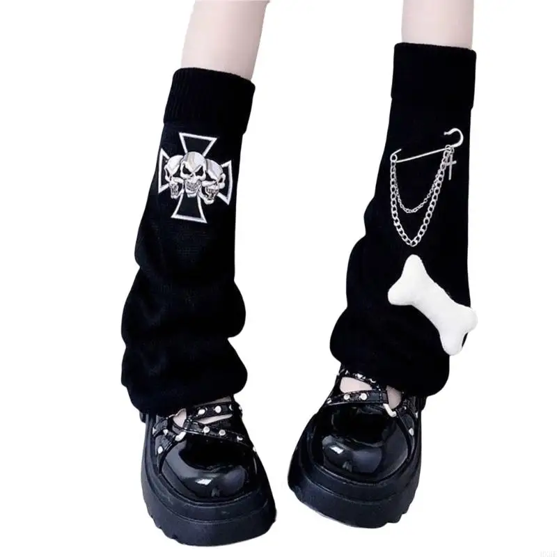 Hx6f Women Gothic Punk Skull Bone Bone Seg Warmer Harajuku مخططة غطاء القدم