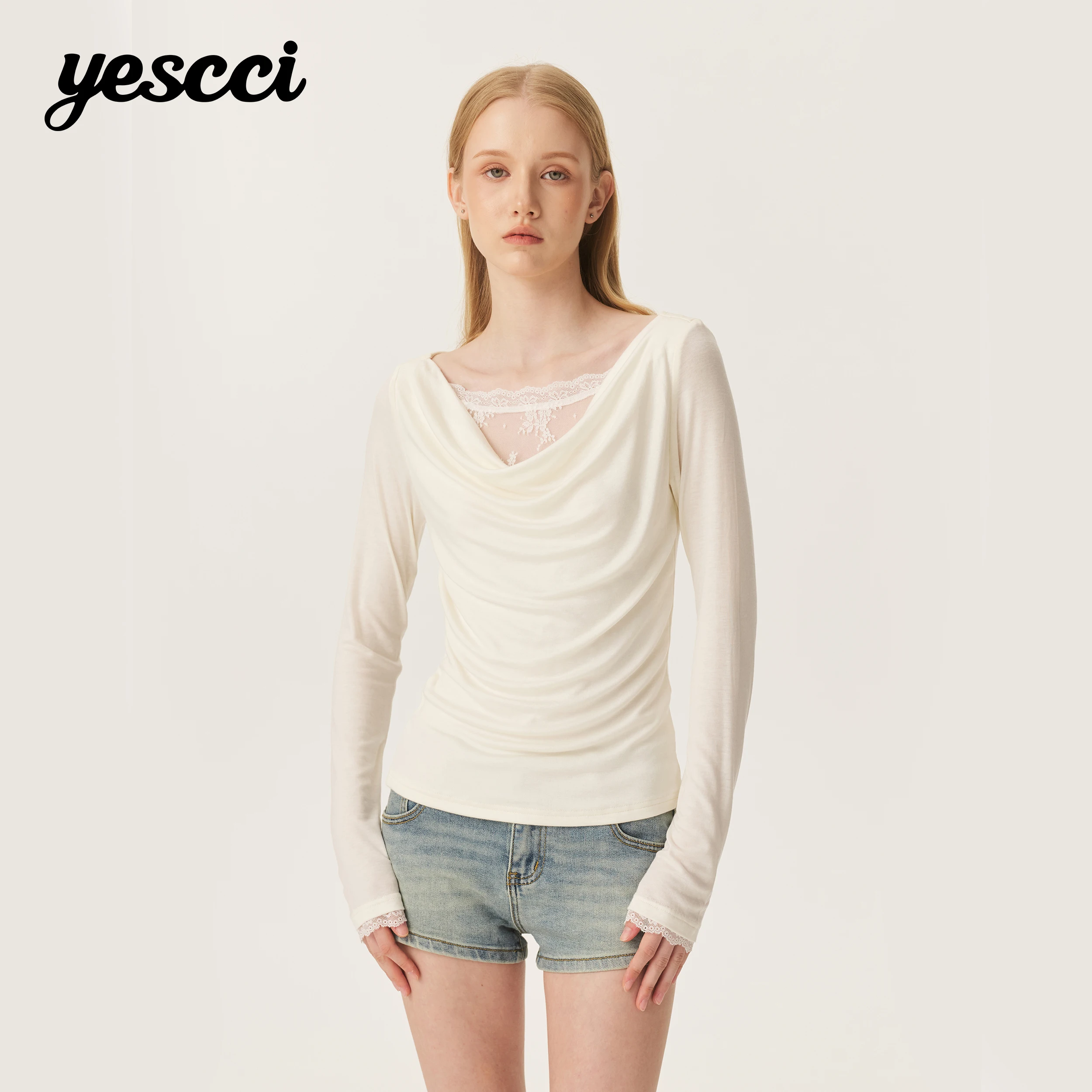YESCCI Women's T-shirt Autumn New Elegant Cowl Neck Knit Women's Long Sleeve Top Lace Trim Stretch Breathable Blouse Y226081133