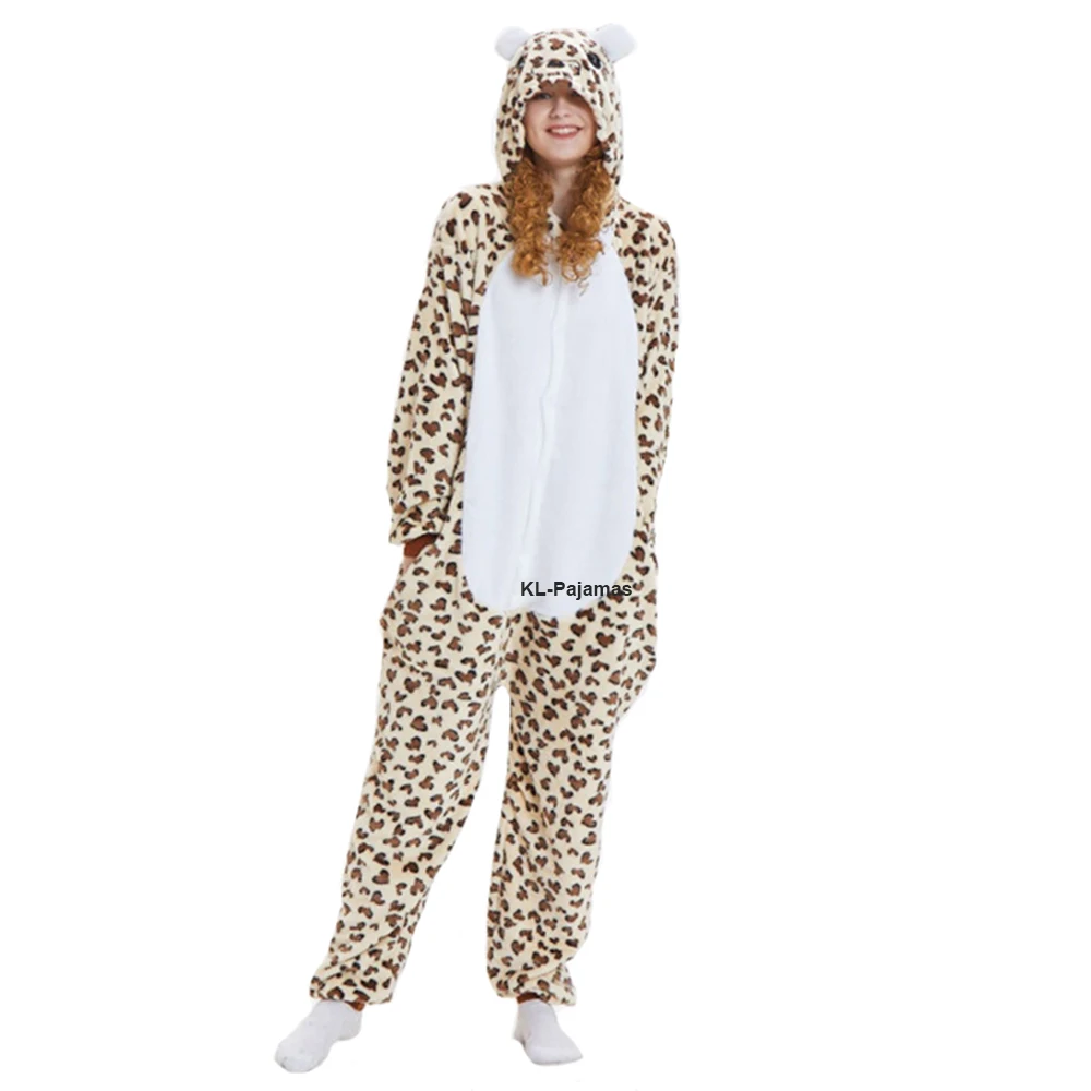 New Adults Kids Animal Leopard Bear Kigurumi Onesies Winter One-piece Pajamas Cartoon Cosplay Costumes Jumpsuits Party Homewear