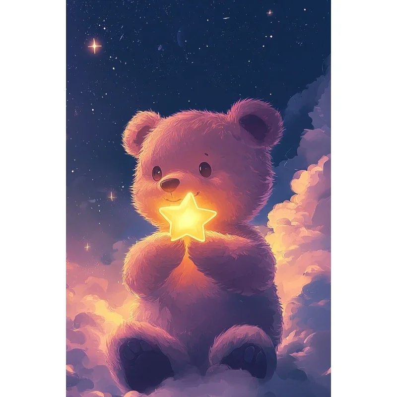 DIY Starry Teddy Bear Diamond Painting, Cute Bear Holding Glowing Star On Clouds For Living Room Wall Decoration Exquisite Gif