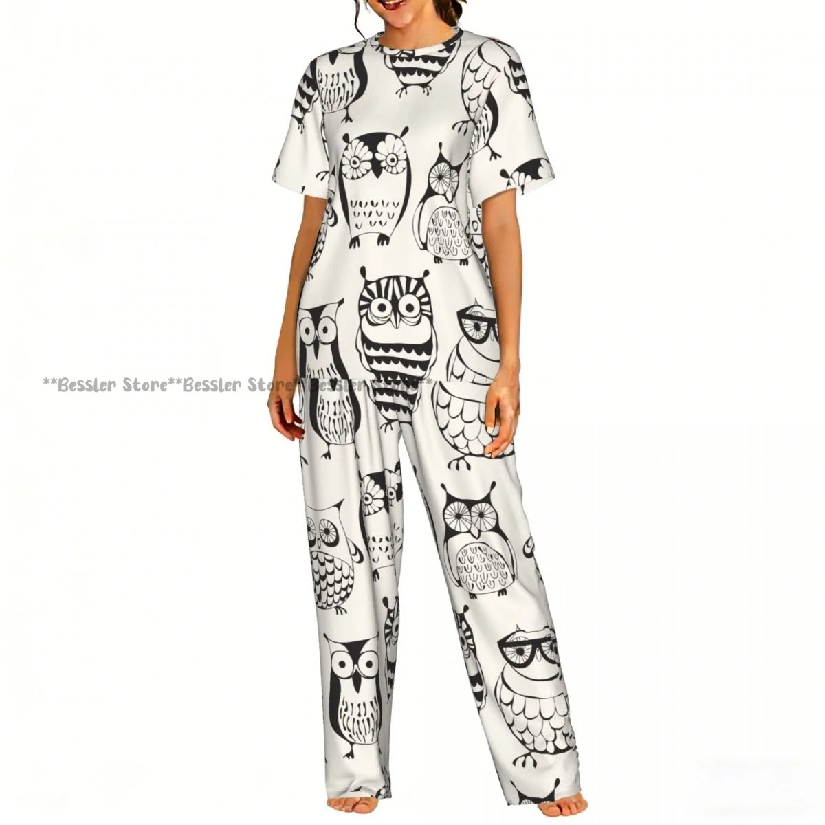 

Women Pajama Sets Lounge Sleepwear Cartoon Sleepy Owls Short Sleeve Nightwear