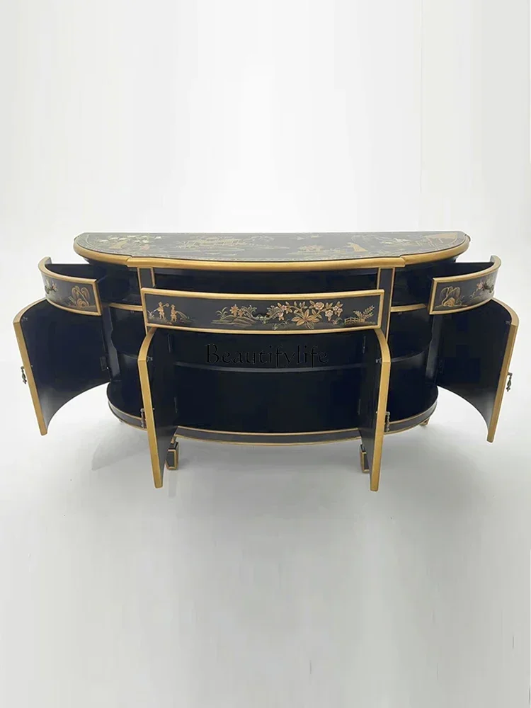 

European luxury entrance cabinet French hand-painted gold and silver foil flower and bird villa Chinese style decorative cabinet