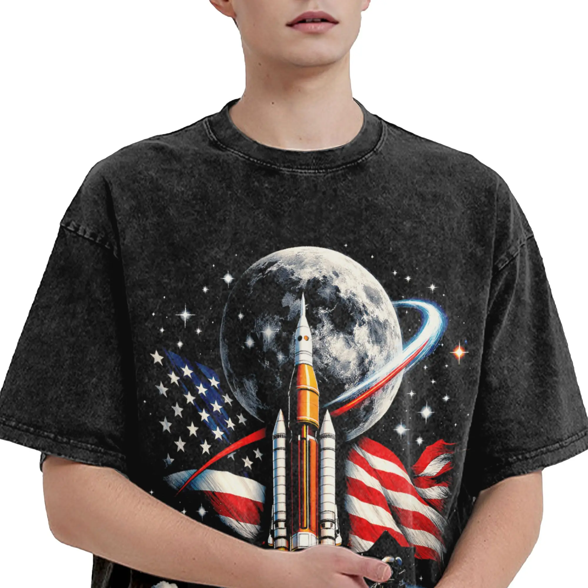 Artemis II Launch to The Moon 2026  Washed T-Shirt Mens  Y2K Funny Cotton T Shirts Summer Breathable Trending Tees Simple