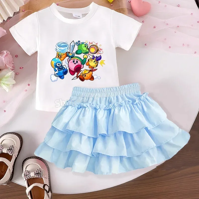 

Kirbys Dress Girl T-shirt+Short Skirt Set Kawaii Cartoon Summer Sweet Princess Dresses Trendy Folding Skirt Child Birthday Gift