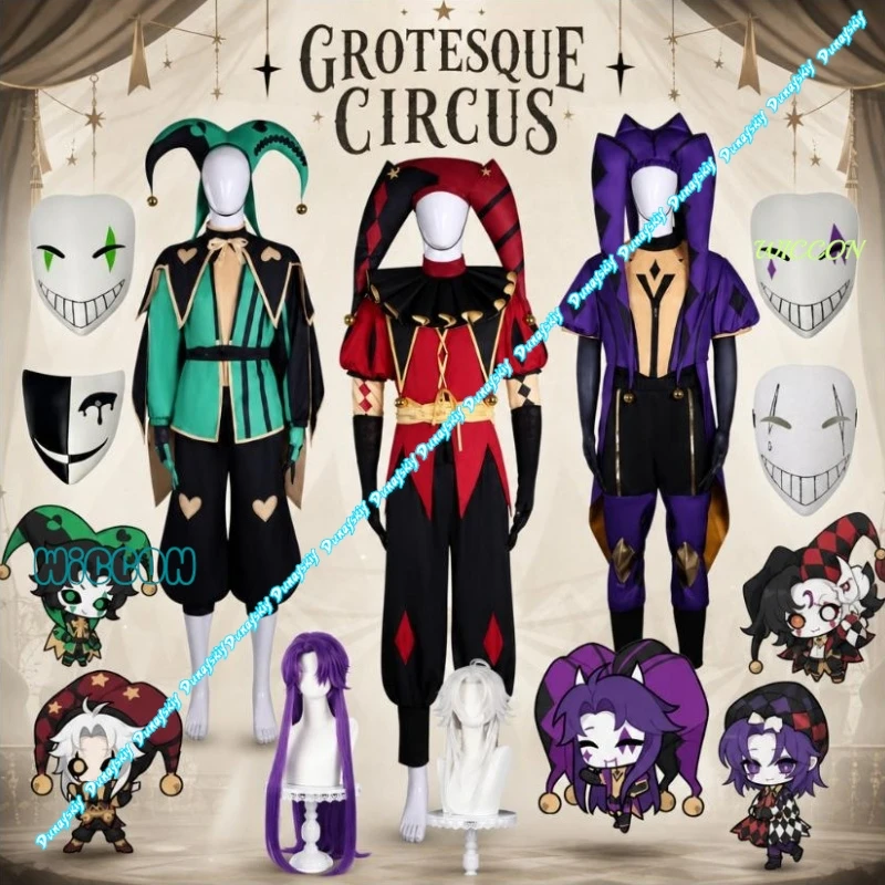 Disfraz completo de payaso de circo, Pierrot, Arlequín, Bufón, con máscara y peluca para Halloween, eventos de rol.