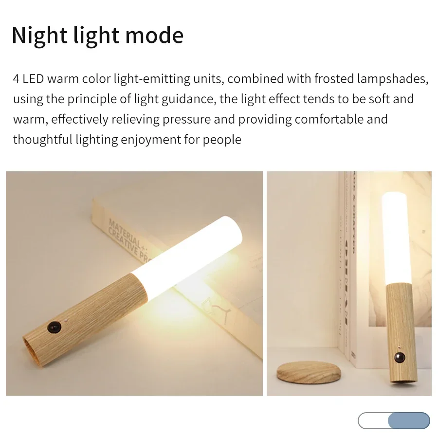 LED Night Light Human Sensor Wireless Magnetic Wood Wall Lamp Bedside Lighting Portable Kitchen Bedroom Cabinet Closet Light