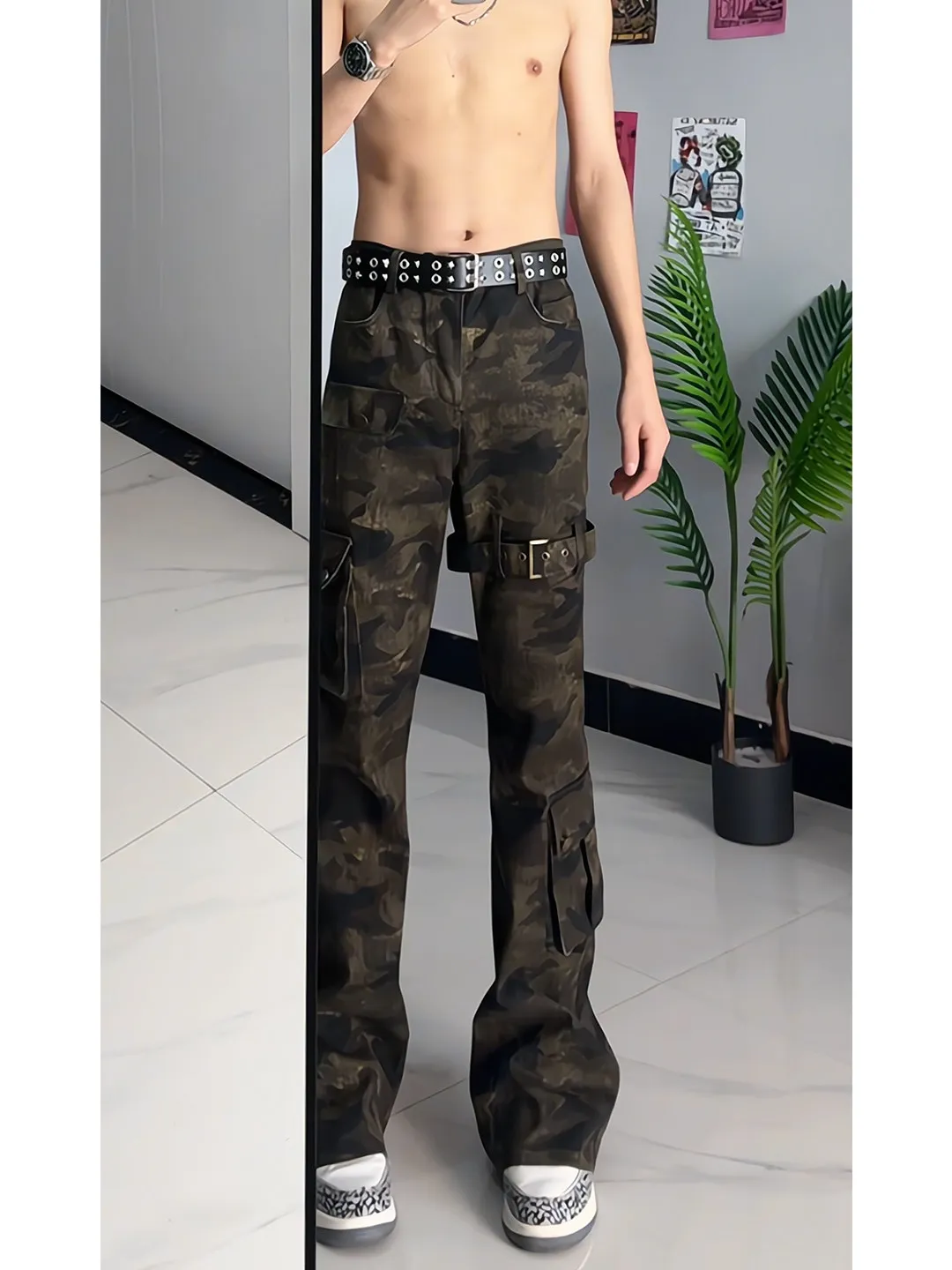 Cleanfit American Camouflage Wide Leg Jeans Men Women Design Sense Belted Workwear Trousers Youth Popular Straight Cut Jeans