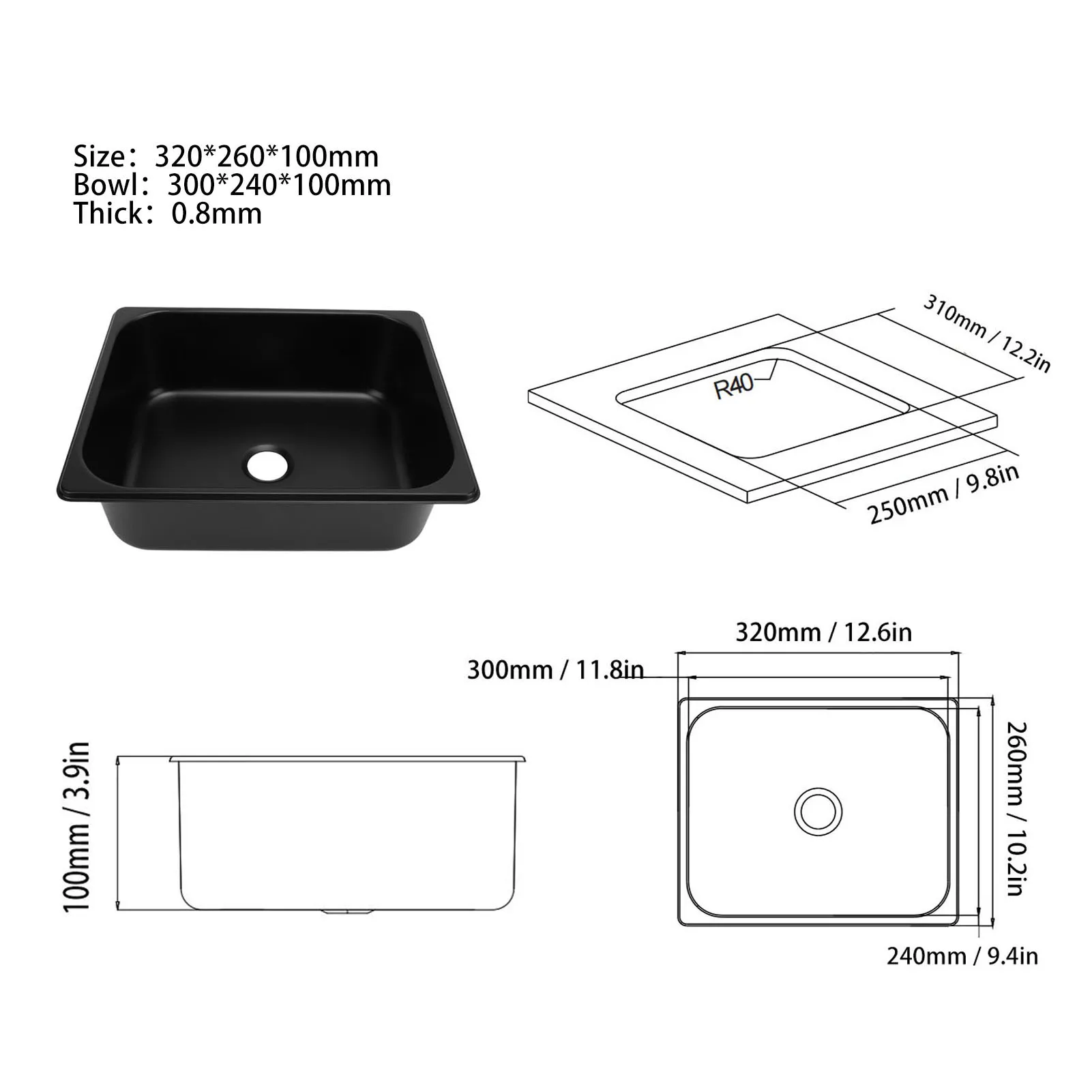320X260X100 مللي متر RV بالوعة تنوعا مربع المطبخ الحمام حوض غسيل بالوعة مع منفذ 40 مللي متر لقارب قافلة Campervan