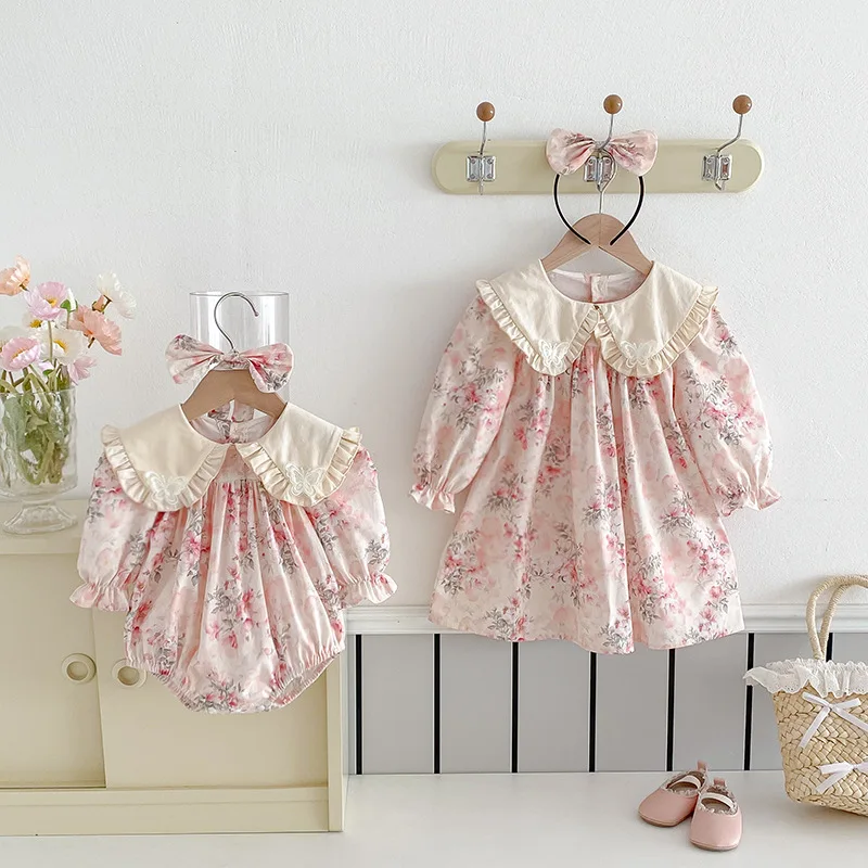 Big Sister Little Sister Matching Cotton Twins Outfit Sisters Clothes Big Collar Girl and Baby Infant Bodysuit Kids Floral Dress
