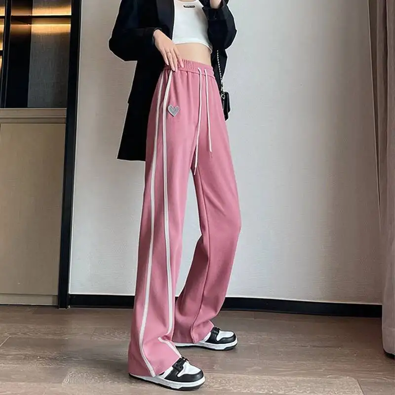 

Y K Streetwear Striped Sweatpants Women Autumn Winter Vintage Heart Design Wide Leg Trousers Korean Casual Sports Fiess Pants