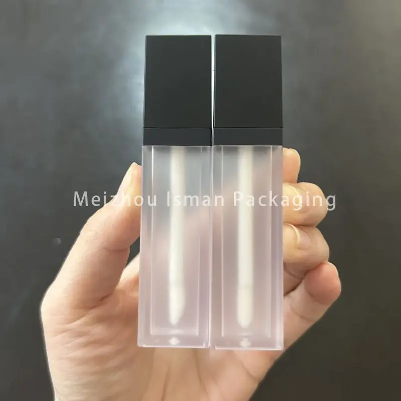 50Pcs luxury frosted square liptint bottle empty plastic matte black top lip gloss wand tubes with brush with stopper 7ml