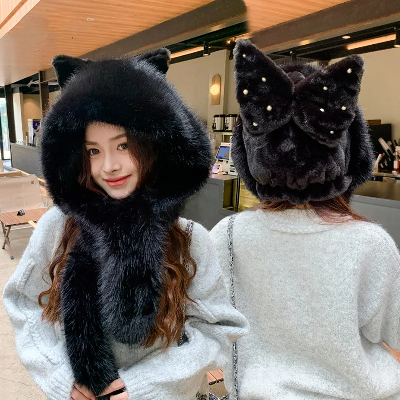 

Winter Fur Hat Scarf Set for Women Big Butterfly One-Piece Beanies Scarves Outdoor Warm Ear Protection Cap Thickened Plush Hoods