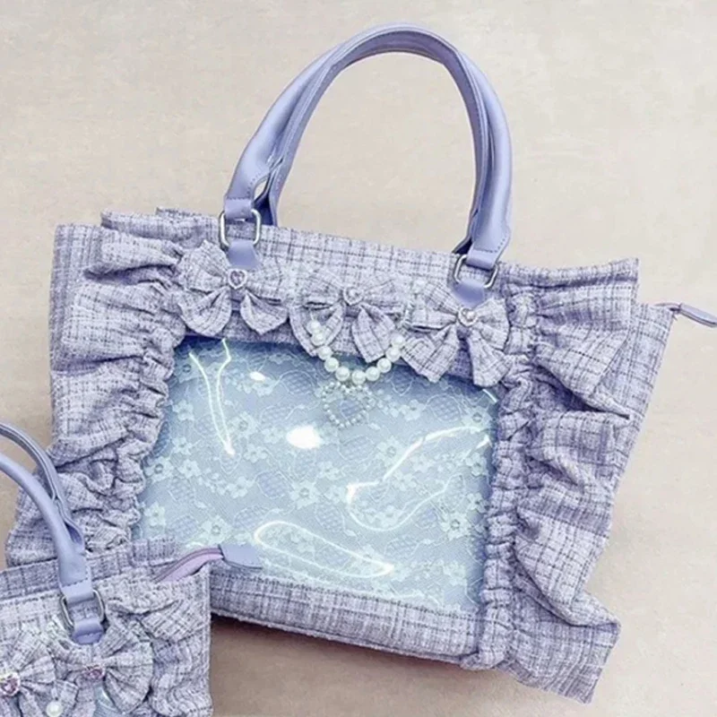 Y2K japanische Ita-Tasche, transparente Tragetasche mit Rüschenbesatz, süße Harajuku-Handtasche zur Präsentation von Abzeichen, Pendler-Umhängetasche mit großem Fassungsvermögen – Detail 19