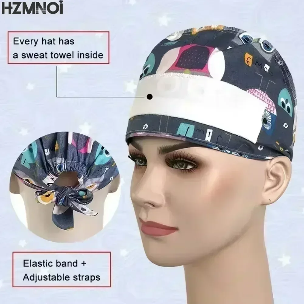 Women Men Head Scrub Caps 100% Cotton Soft Printed Surgical Hats for Dentist Chef Sanitary Dental Surgeons Working Nursing Cap