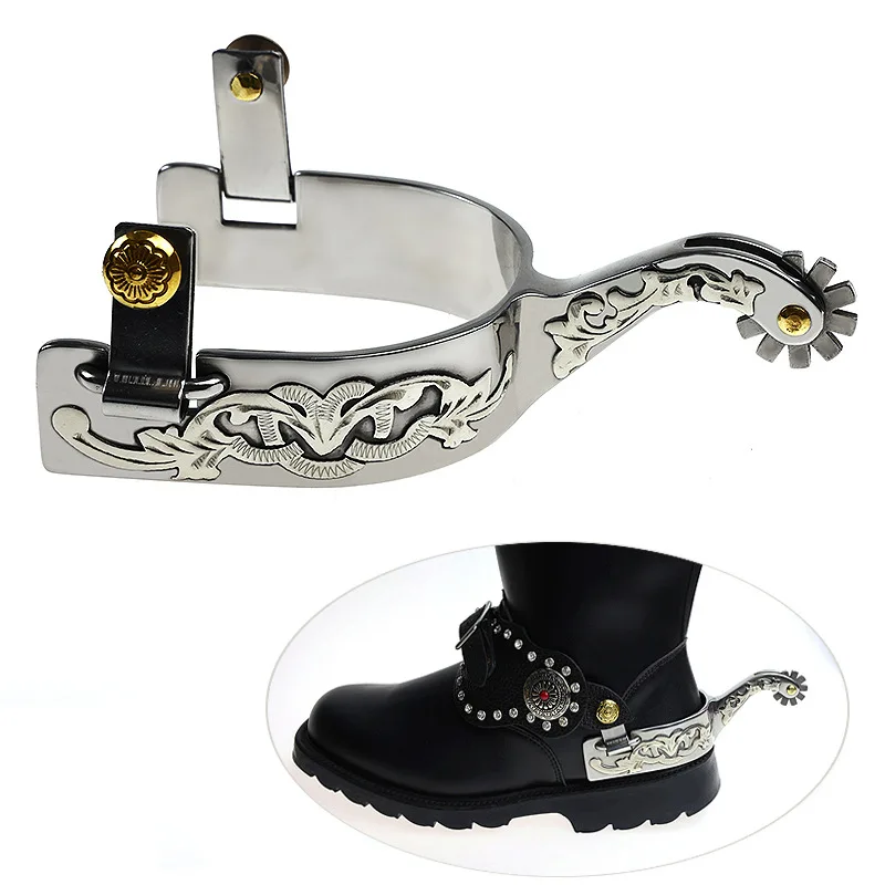 Stainless Steel Men's Western Denim Spurs German Silver Decorative Plate With Gear And Copper Cap Buckle SP5133