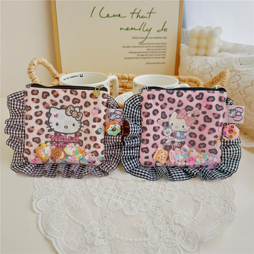 

Sanrio Hello Kitty Leopard-Printed Flowery Square Small Handbag Kt Cat Ruffled Lace-Edge Red Envelope Girl Birthday Gifts
