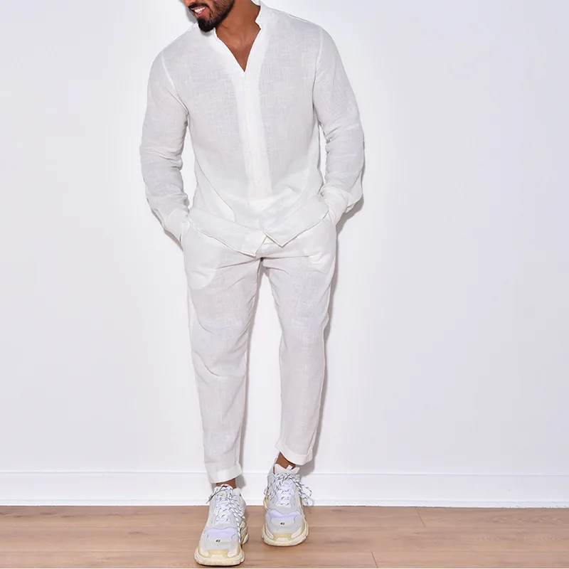 Ensemble deux pièces décontracté en coton et lin pour hommes, style européen, mode rétro, col en V ample, pantalon de plage monochrome, 2024