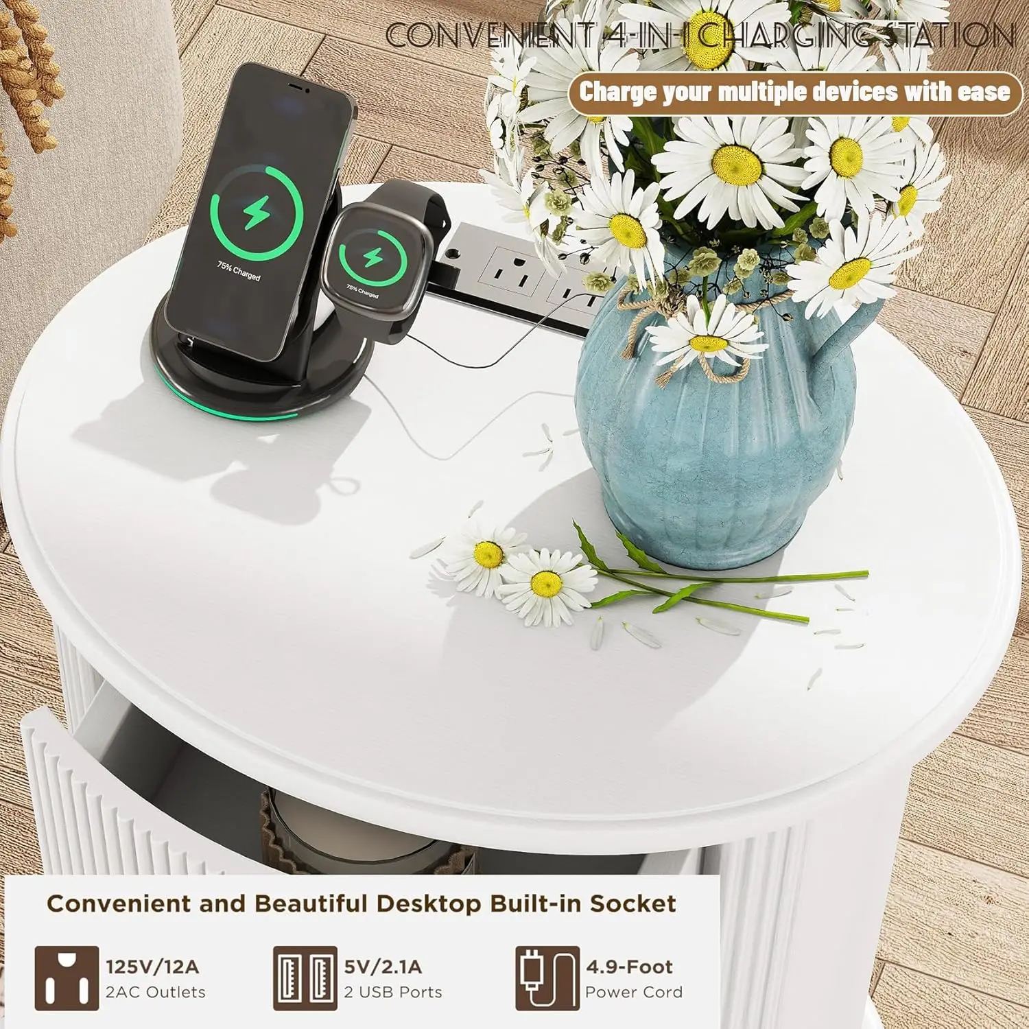 Round End Table With Charging Station, Wood Side Table With Storage For Small Spaces, White Nightstand With 3 Drawers, Couch