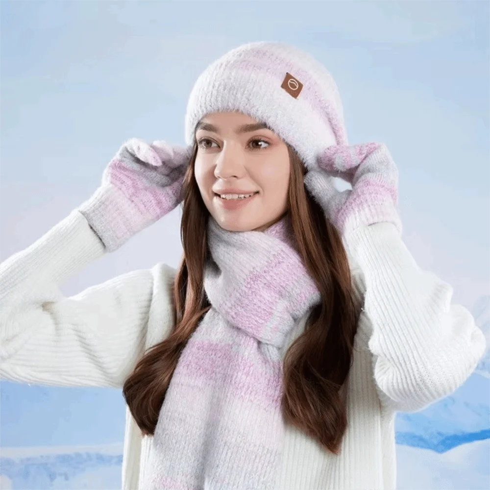 Outdoor Winter Cap Gloves Scarf Set Knitted Fleece Lining Women Skullcap Gradient Color Windproof Cycling Beanies