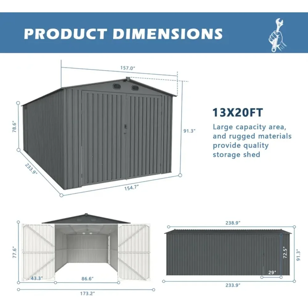 20x13 Storage Shed with 2 Lockable Doors, 4 Air Vents, Prefab Garage Building for Car, Truck, Tool, Lawnmower, Metal Garage Shed