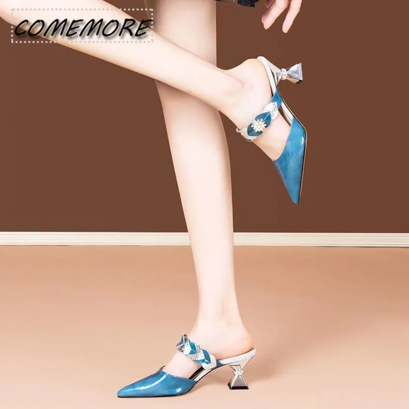 Summer New Thick Crystal Heels Korean Style Pointed High Heel Luxury Party Women's Shoes Fashion Slippers Wedding Shoes Bridals