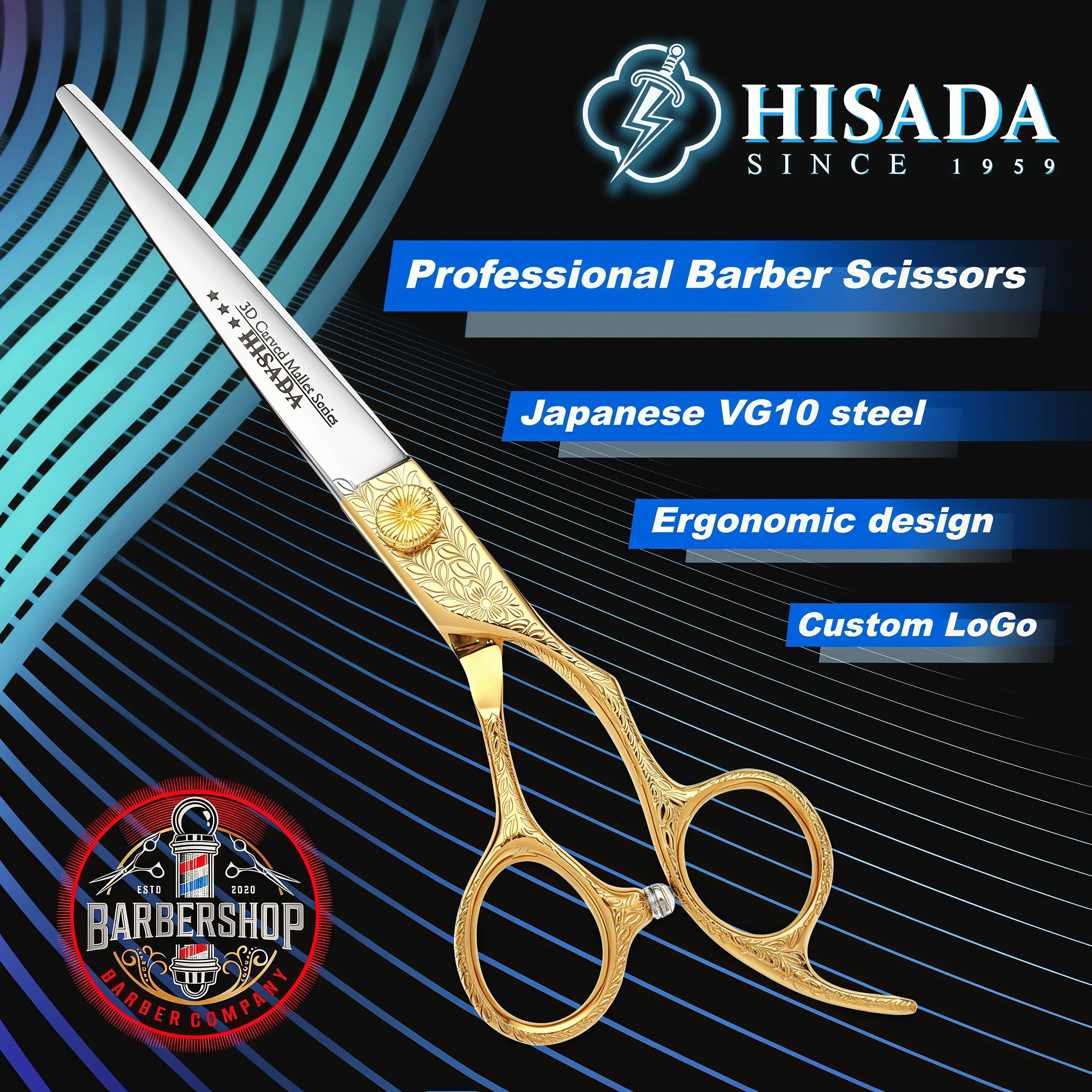 HISADA Hair Cutting Scissors,6.-6.5-7 Inch Professional barber scissors,5D carved concave and convex design golden hair scissors