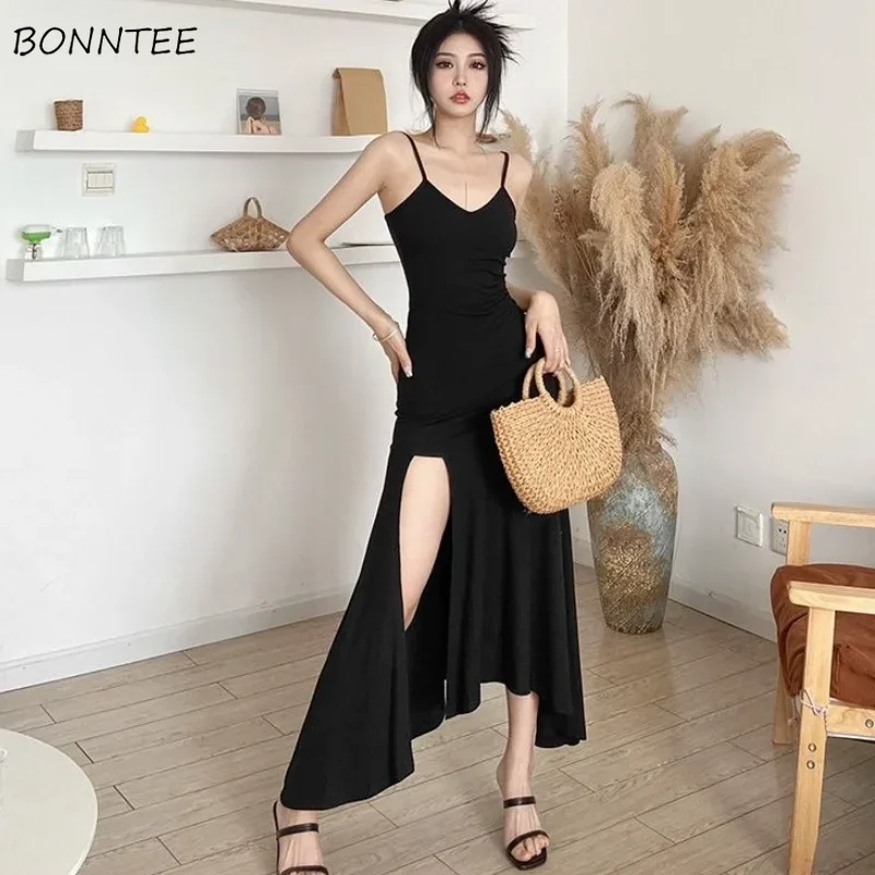 

Black Midi Dress Women Sleeveless Sexy Asymmetrical Design Slim Tender Ladies Summer Simple Classic Korean Style Fashion Newly