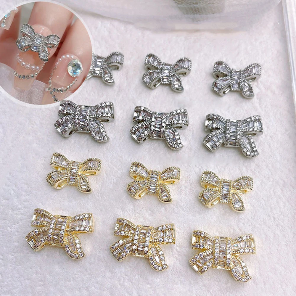 20pcs Light Luxury Style Alloy Bow Nail Art Charm 3D Gold Silver Zircon Bow Ribbon Metal Nail Rhinestone Cute DIY Nail Accessory