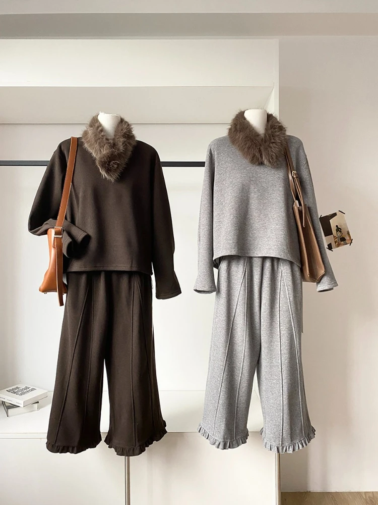 Autumn and winter new Korean version simple commuting versatile round neck T-shirt with scarf+casual versatile wide leg pants