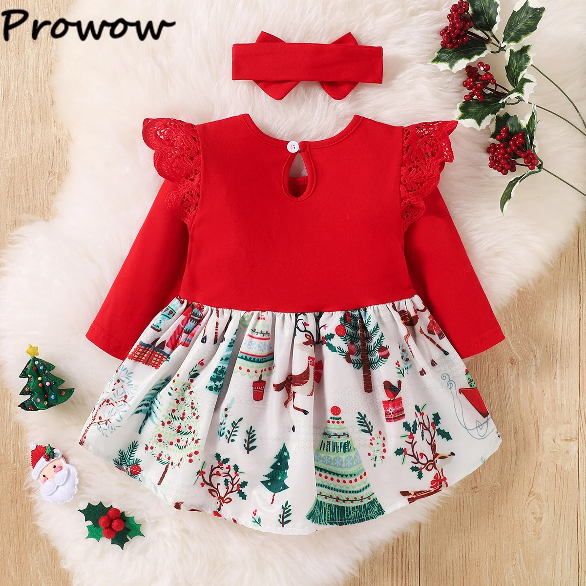 Prowow Baby Christmas Dresses Lace Sleeve Red Xmas Printed Bodysuit Dress For New Year My First Christmas Baby Girls Costume