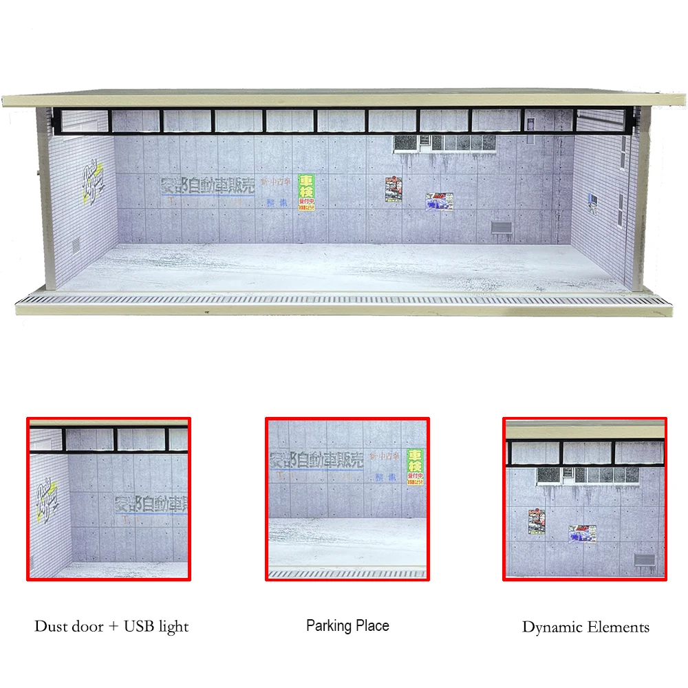 Auto-Garage-Diorama im Maßstab 1:64, mit USB-LED-Licht, realistische Parkplatz-Vitrine für Modellautos und Miniaturfahrzeuge – Detail 25