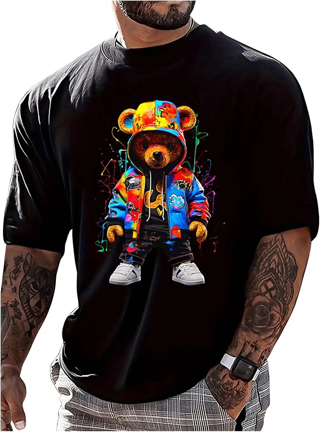Men's Cartoon Bear Graphic Tee Shirts Short Sleeve Crew Neck T-Shirts